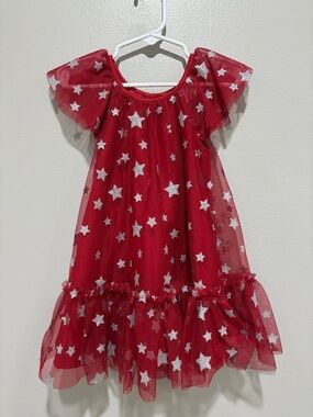 H&M Girls Red Tulle Dress Silver Star Print Party Holiday Size 2T Festive